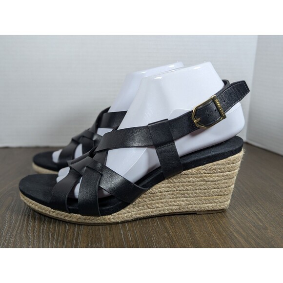 Cole Haan Crystal Strappy Leather Wedges Sandals Womens 8.5 Black Jute Heel Logo - Picture 2 of 15